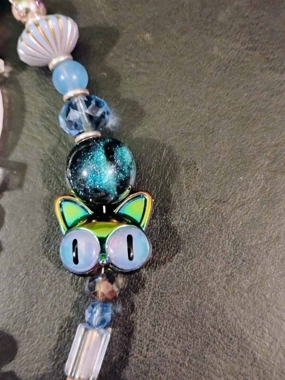 Hand Crafted Iridescent Blue-Green Cat Charm Necklace Pendant